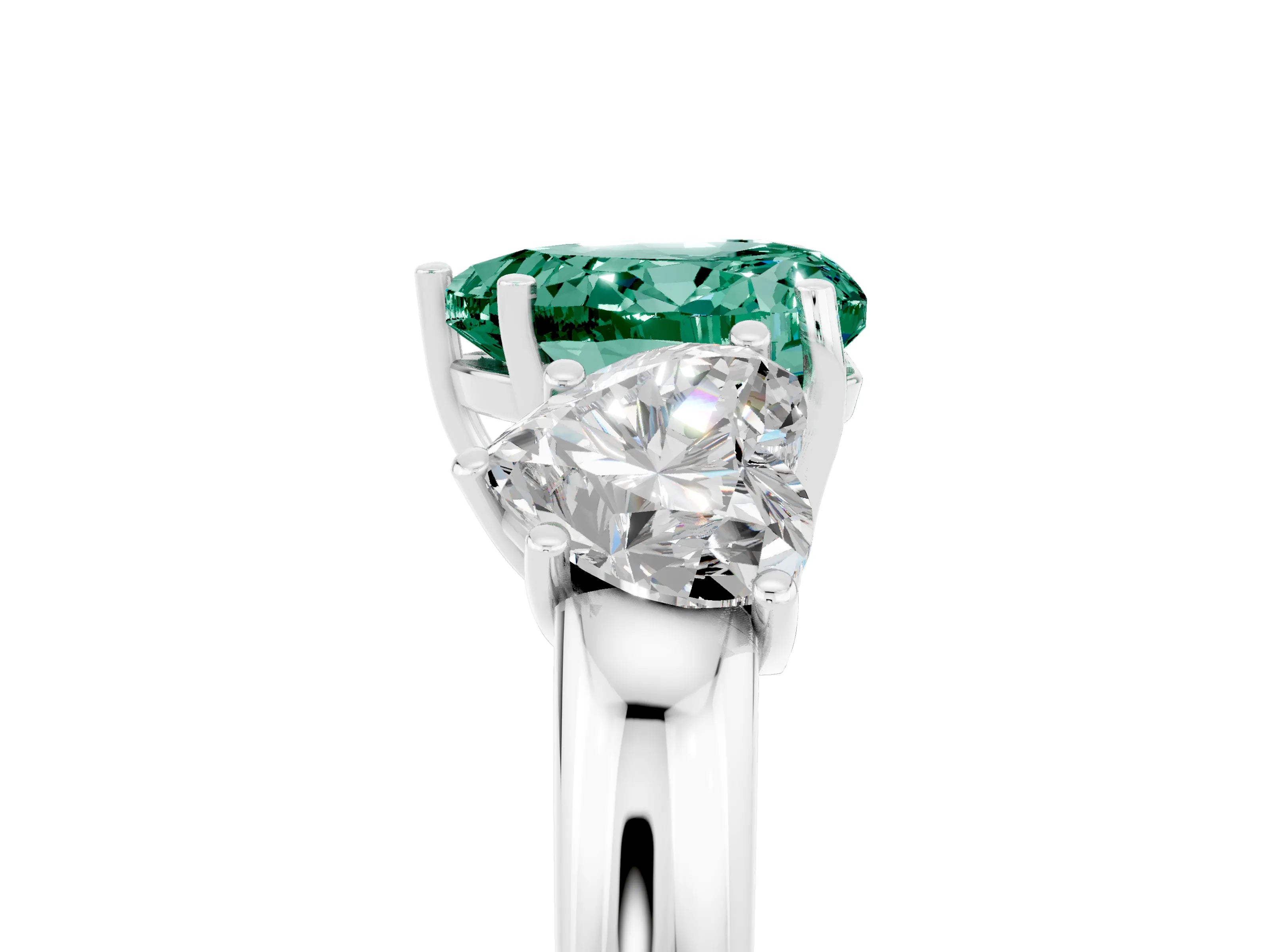 White gold Heart Cut Green Sapphire Three-Stone Ring with Four-Prong Setting and Classic Band_5