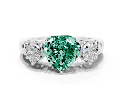 White gold Heart Cut Green Sapphire Three-Stone Ring with Four-Prong Setting and Classic Band