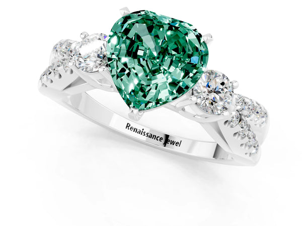 Silver Heart Cut Green Sapphire Three-Stone Ring with Pavé Split Shank and Four-Prong Setting