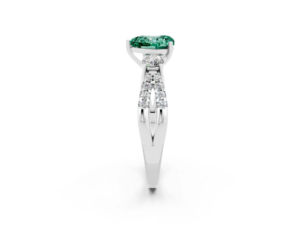 White gold Heart Cut Green Sapphire Three-Stone Ring with Pavé Split Shank and Four-Prong Setting