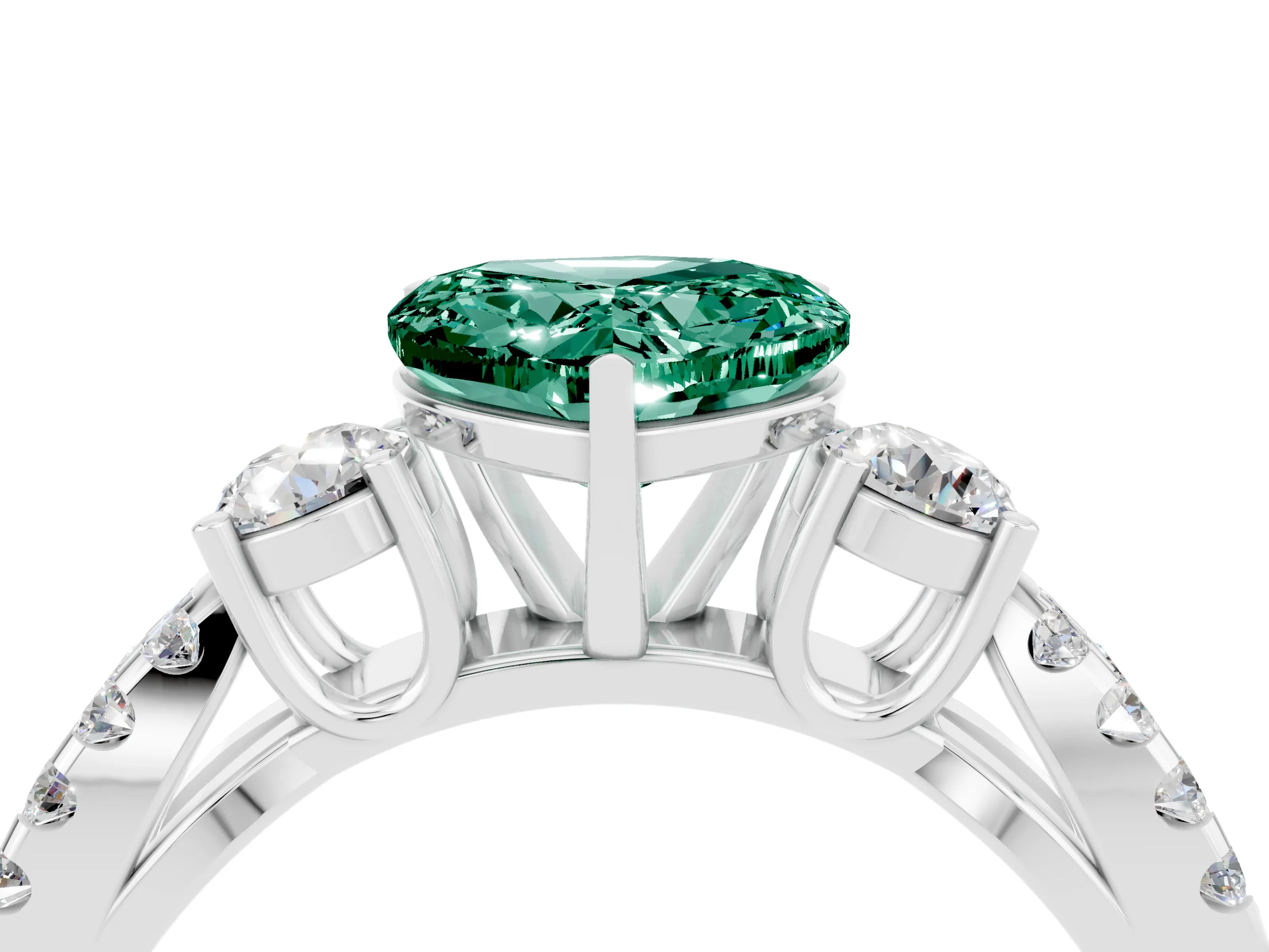 White gold Heart Cut Green Sapphire Three-Stone Ring with Pavé Split Shank and Four-Prong Setting_22