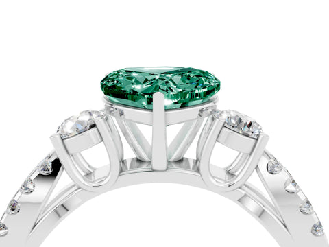 White gold Heart Cut Green Sapphire Three-Stone Ring with Pavé Split Shank and Four-Prong Setting_22