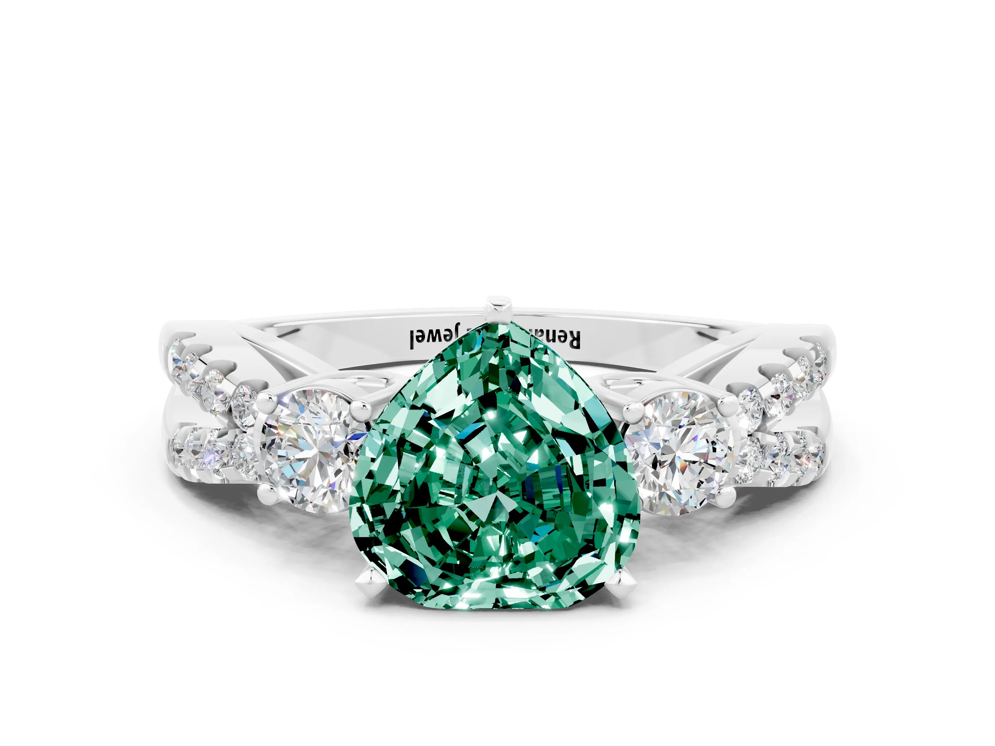 White gold Heart Cut Green Sapphire Three-Stone Ring with Pavé Split Shank and Four-Prong Setting_24
