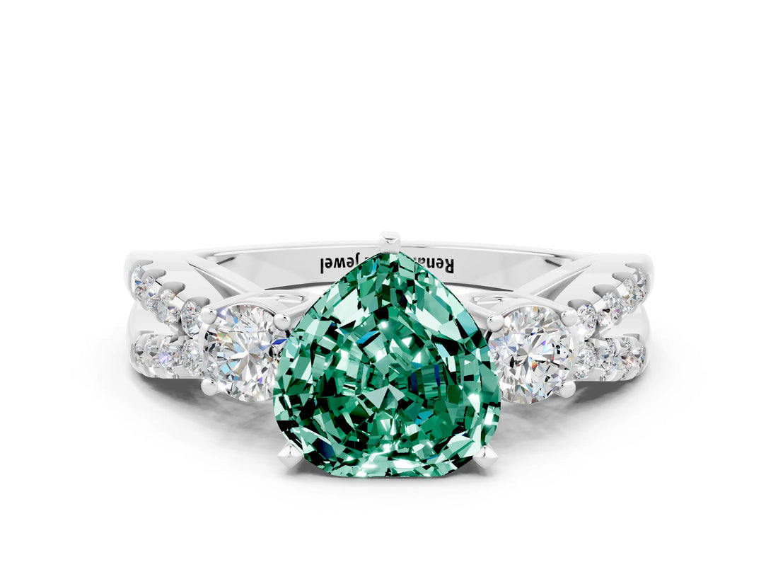 White gold Heart Cut Green Sapphire Three-Stone Ring with Pavé Split Shank and Four-Prong Setting_24
