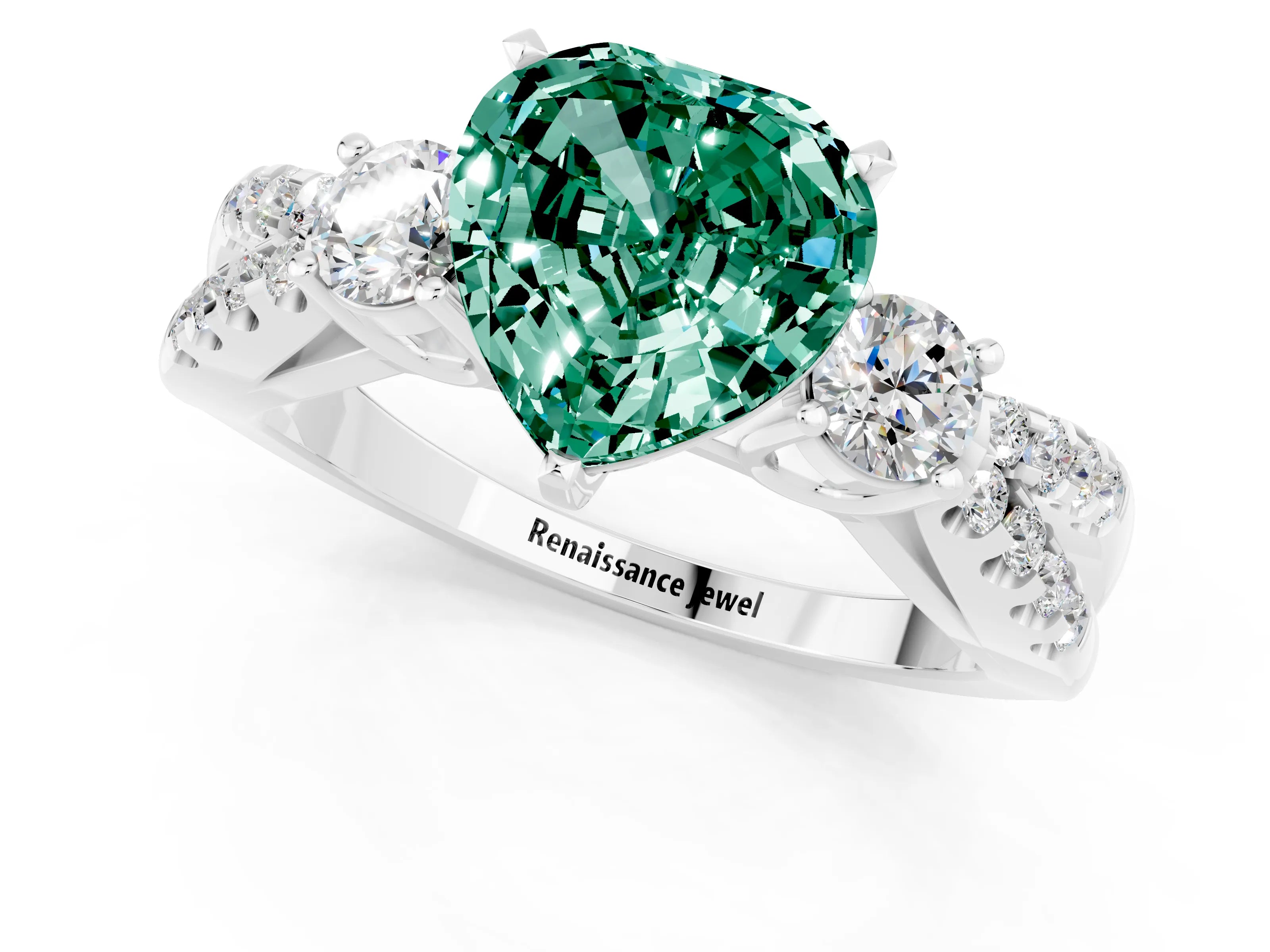 White gold Heart Cut Green Sapphire Three-Stone Ring with Pavé Split Shank and Four-Prong Setting_25