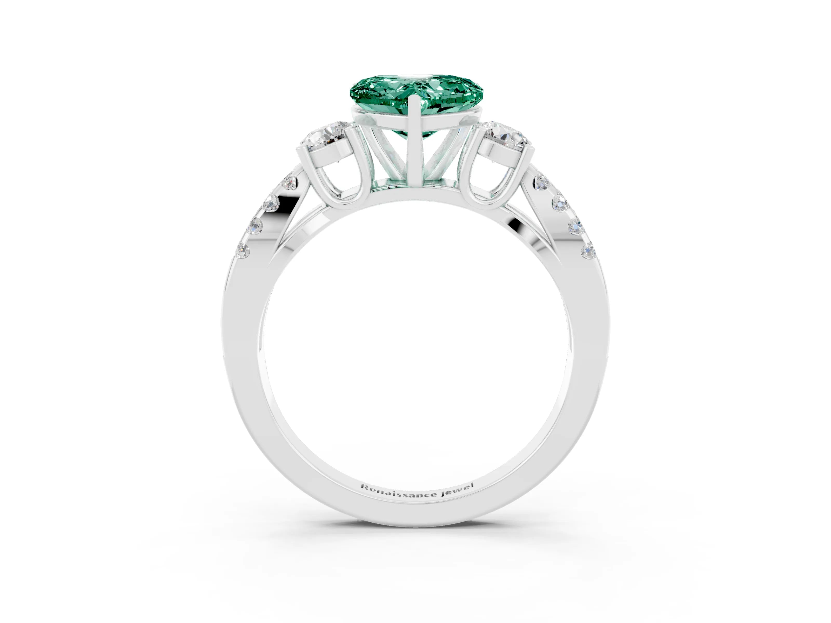 White gold Heart Cut Green Sapphire Three-Stone Ring with Pavé Split Shank and Four-Prong Setting_27