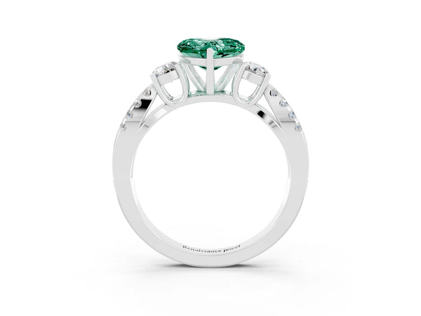 Platinum Heart Cut Green Sapphire Three-Stone Ring with Pavé Split Shank and Four-Prong Setting