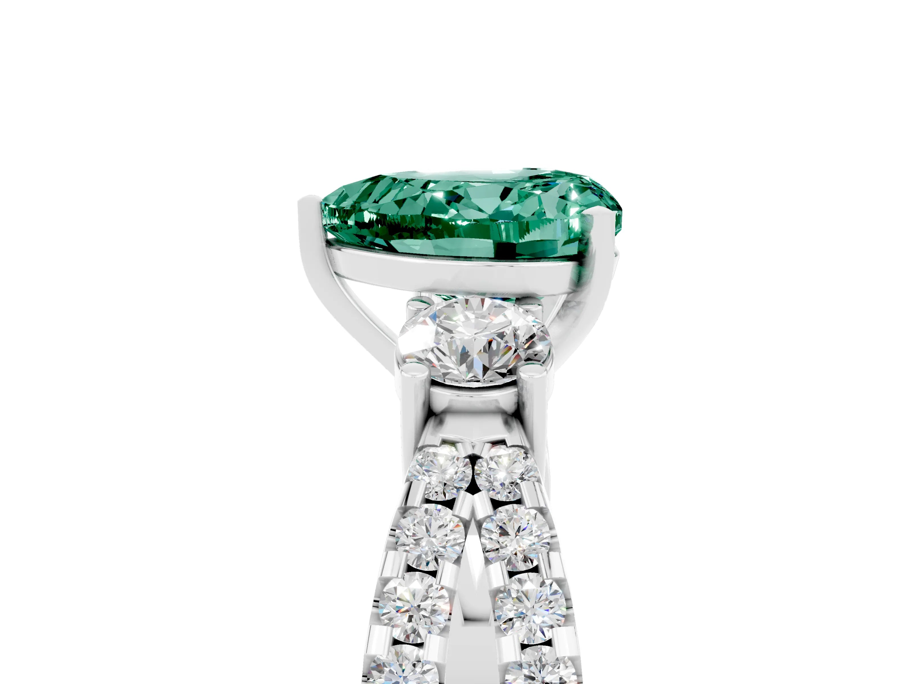 White gold Heart Cut Green Sapphire Three-Stone Ring with Pavé Split Shank and Four-Prong Setting_29