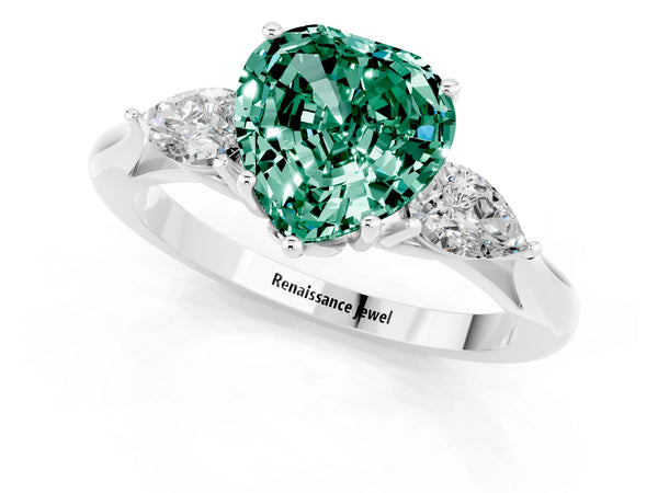 White gold Heart Cut Green Sapphire Three-Stone Ring with Pear  Side Stones and Prong Setting