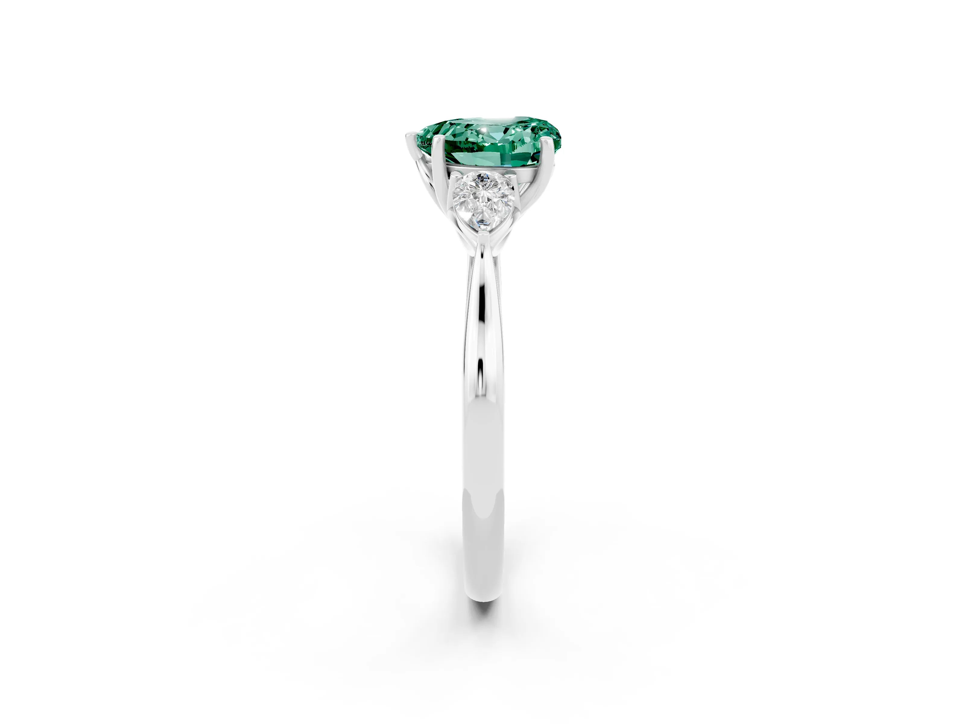 White gold Heart Cut Green Sapphire Three-Stone Ring with Pear Side Stones and Four-Prong Setting_14