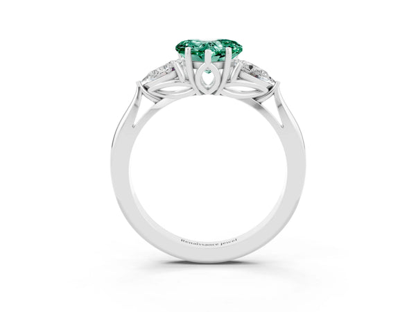 Platinum Heart Cut Green Sapphire Three-Stone Ring with Pear  Side Stones and Prong Setting