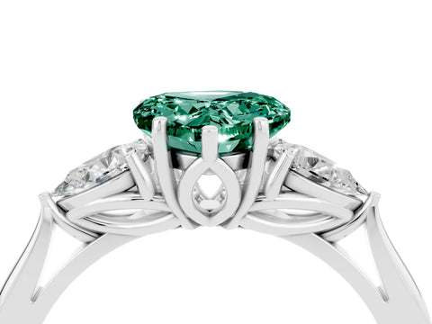 White gold Heart Cut Green Sapphire Three-Stone Ring with Pear Side Stones and Four-Prong Setting_16
