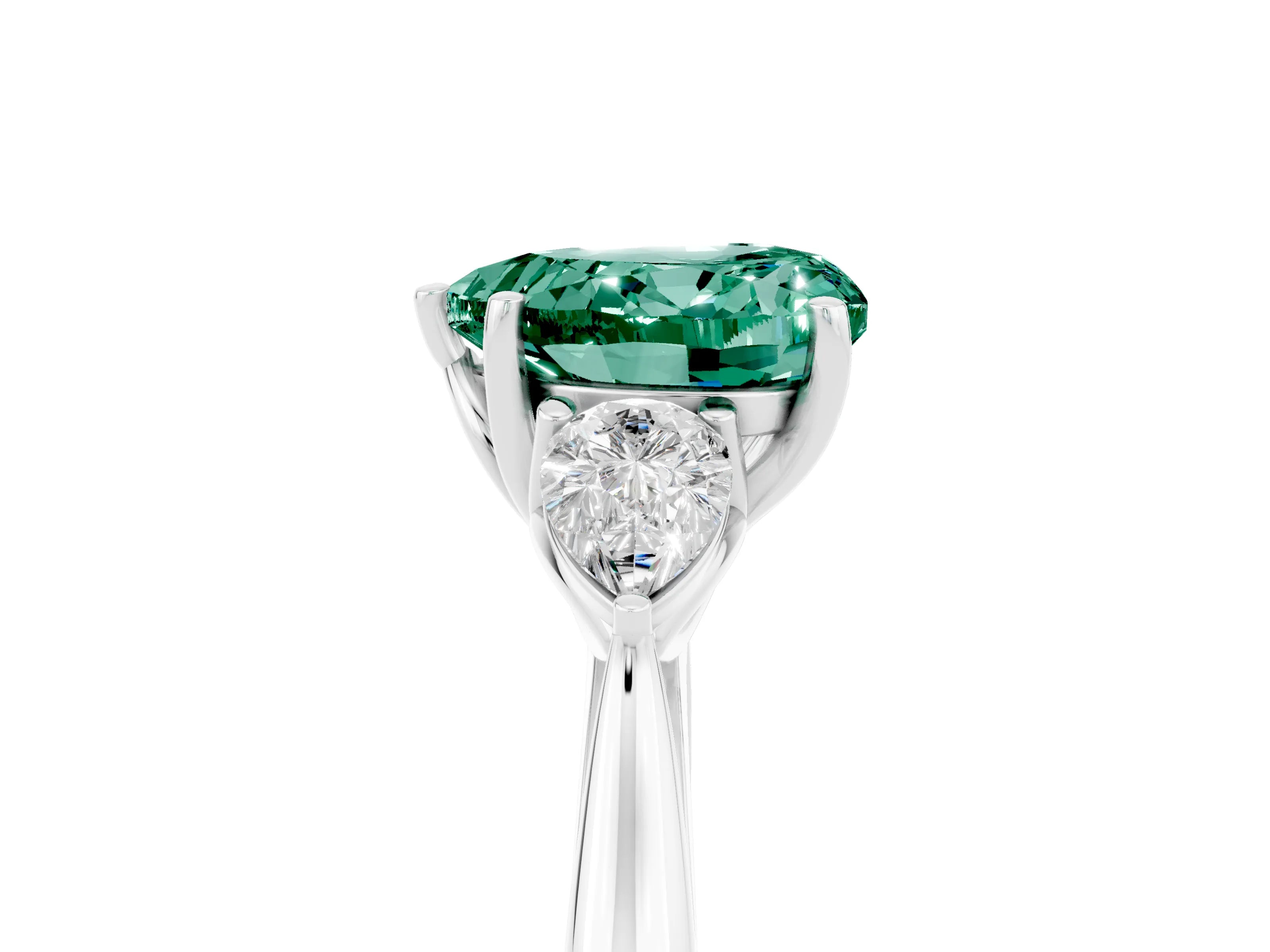 White gold Heart Cut Green Sapphire Three-Stone Ring with Pear Side Stones and Four-Prong Setting_17