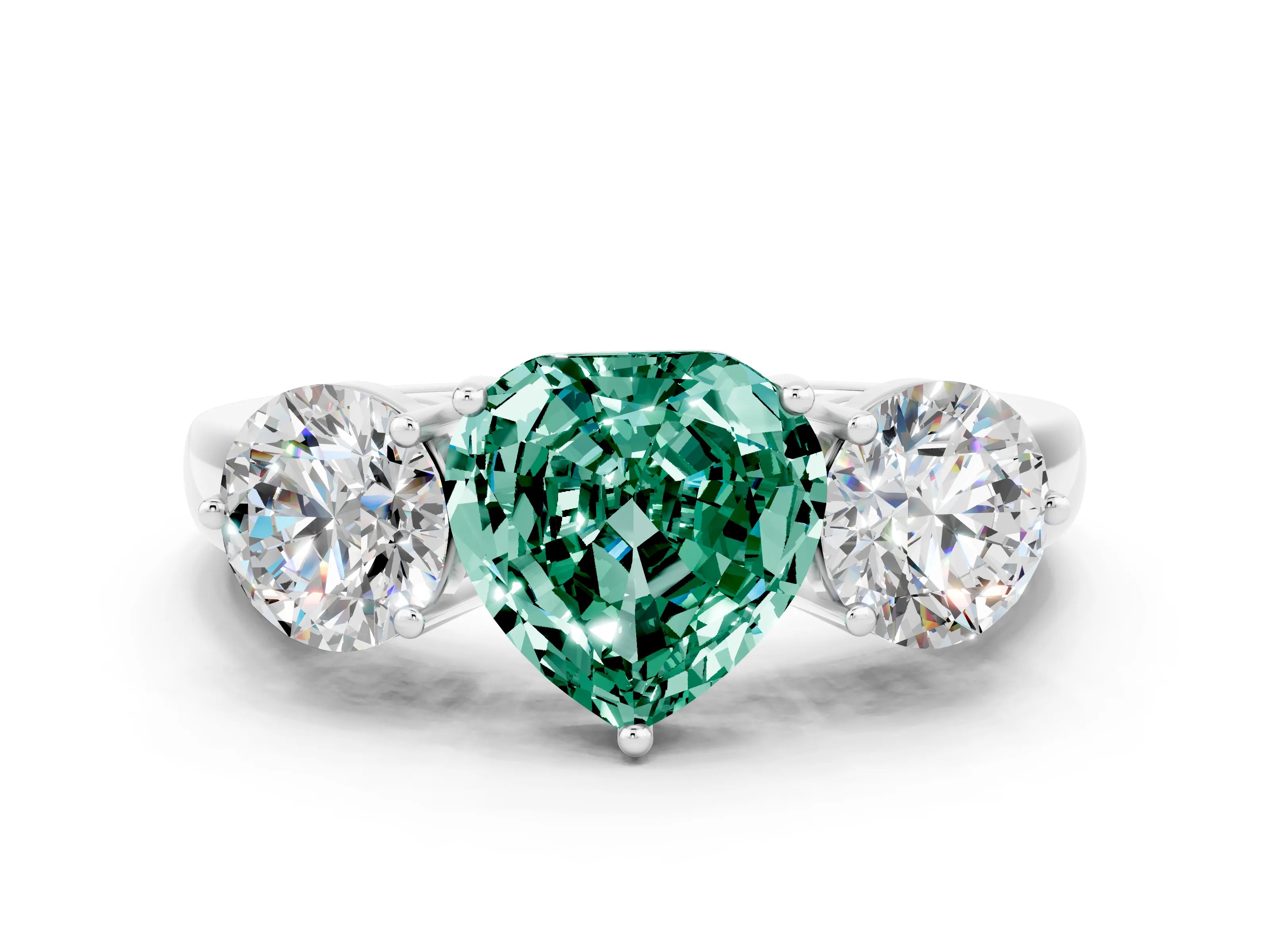 White gold Heart Cut Green Sapphire Three-Stone Ring with Prong Setting and Classic Band