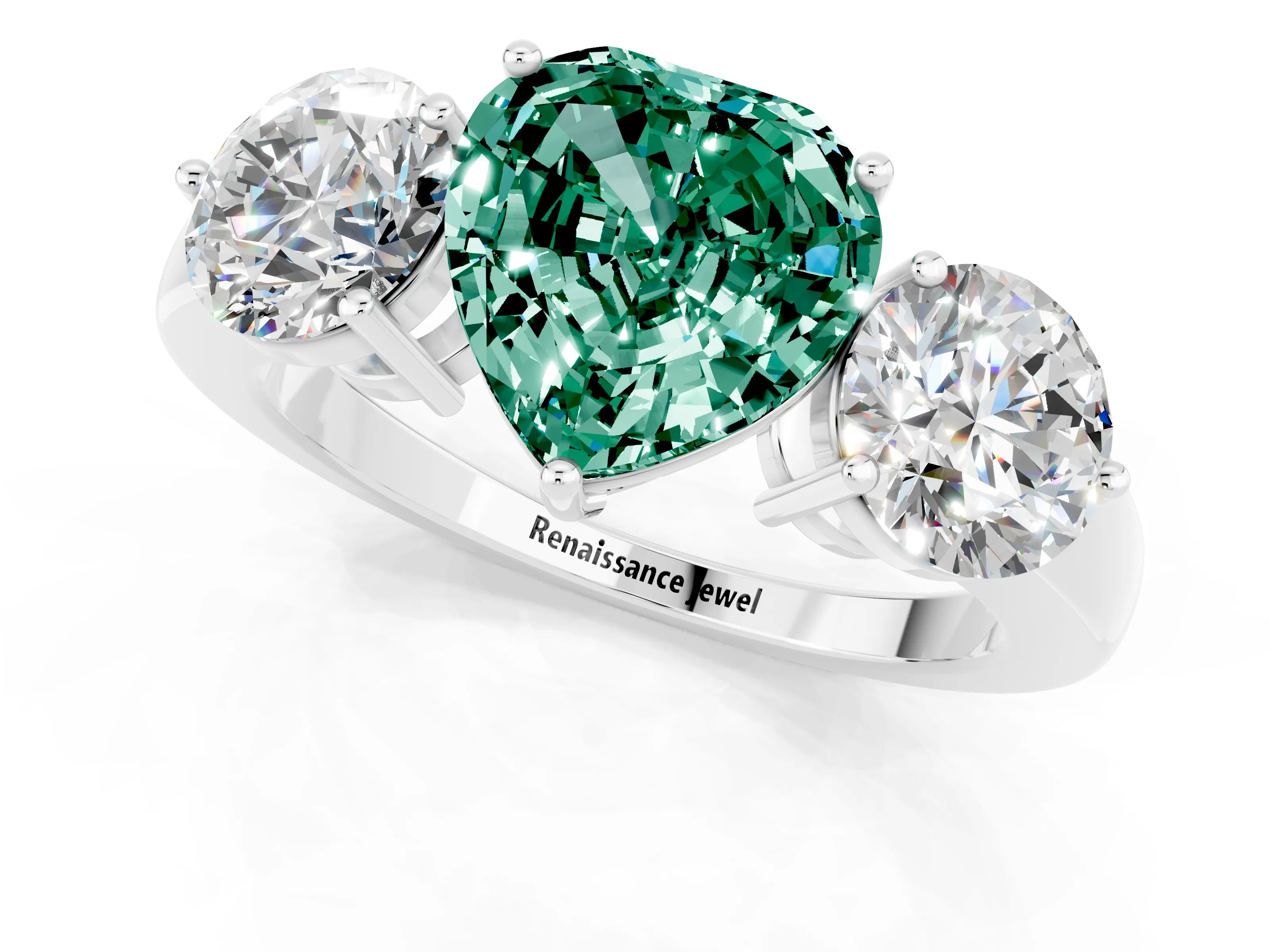 White gold Heart Cut Green Sapphire Three-Stone Ring with Prong Setting and Classic Band_1