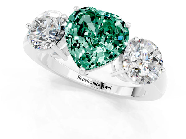 White gold Heart Cut Green Sapphire Three-Stone Ring with Prong Setting and Classic Band