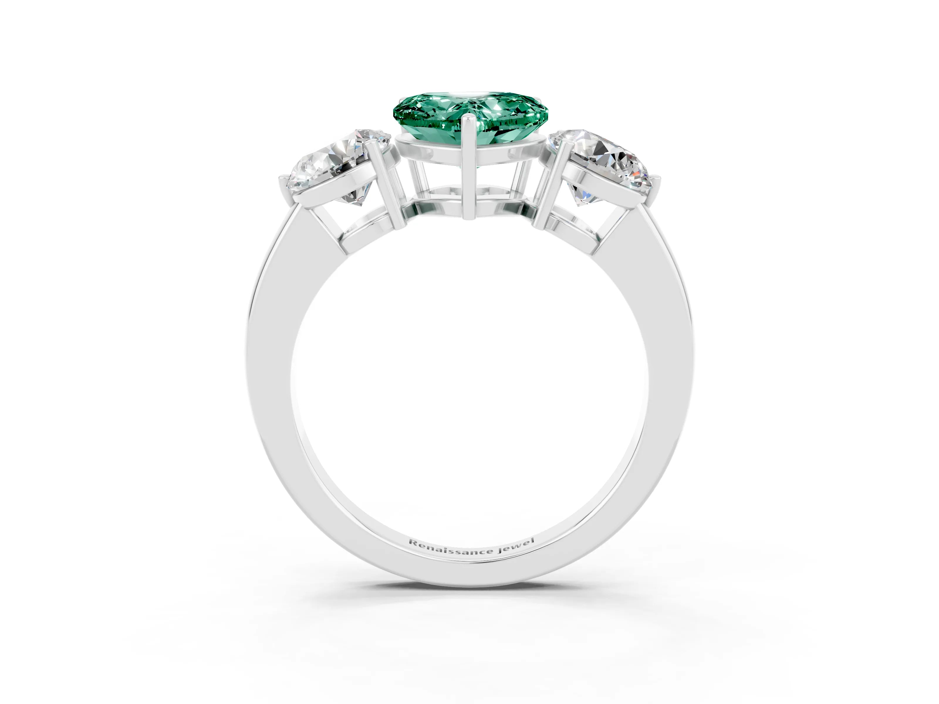 White gold Heart Cut Green Sapphire Three-Stone Ring with Prong Setting and Classic Band_3