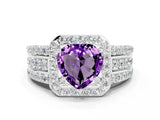 White gold Heart Cut Halo Amethyst Ring with Split Shank and Four-Prong Setting