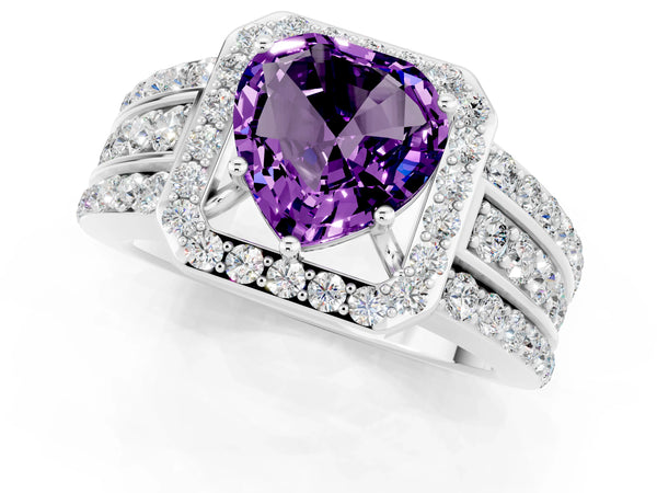 Silver Heart Cut Halo Amethyst Ring with Round  Split Shank and Prong Setting