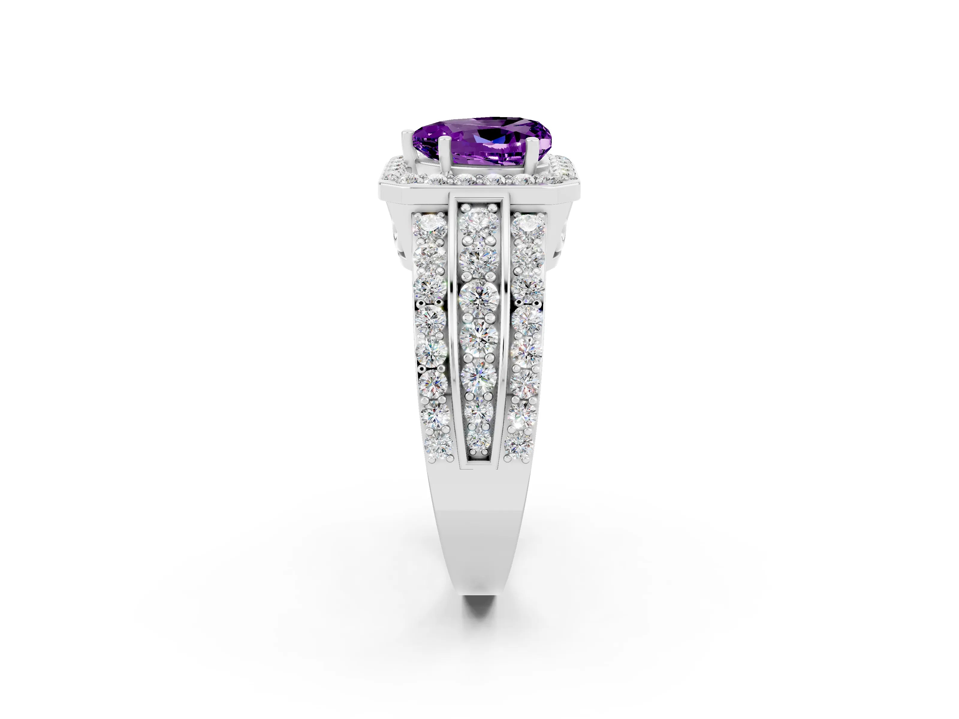White gold Heart Cut Halo Amethyst Ring with Split Shank and Four-Prong Setting_2