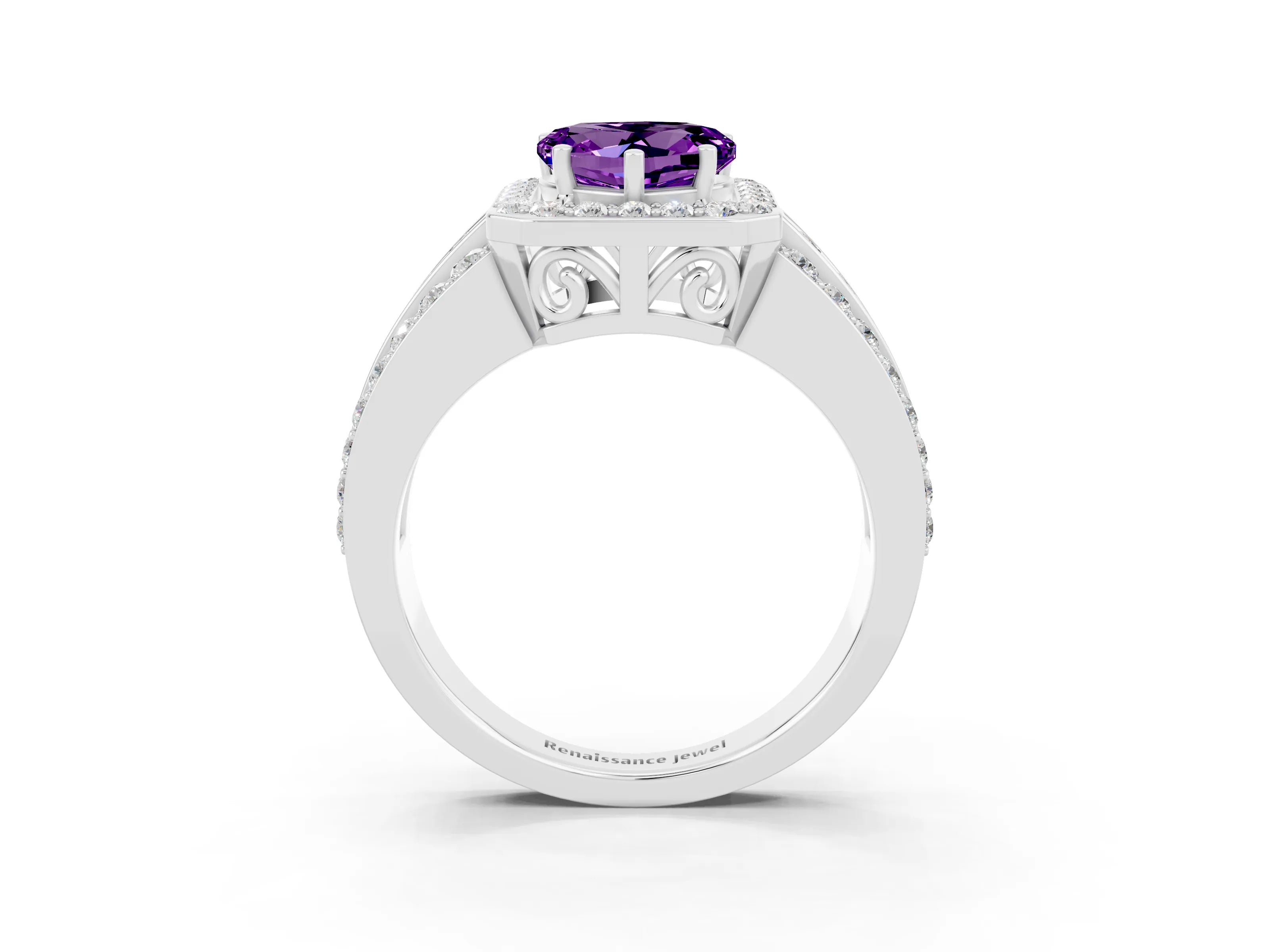 White gold Heart Cut Halo Amethyst Ring with Split Shank and Four-Prong Setting_3