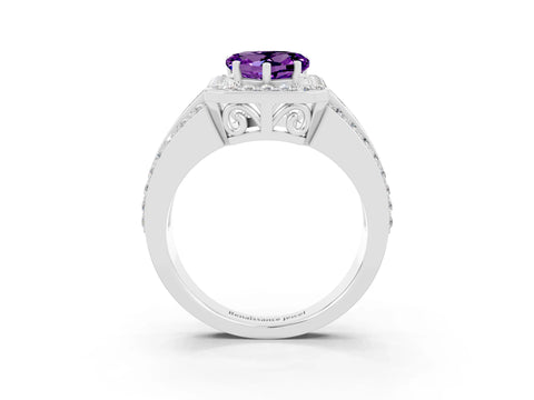 White gold Heart Cut Halo Amethyst Ring with Split Shank and Four-Prong Setting_3
