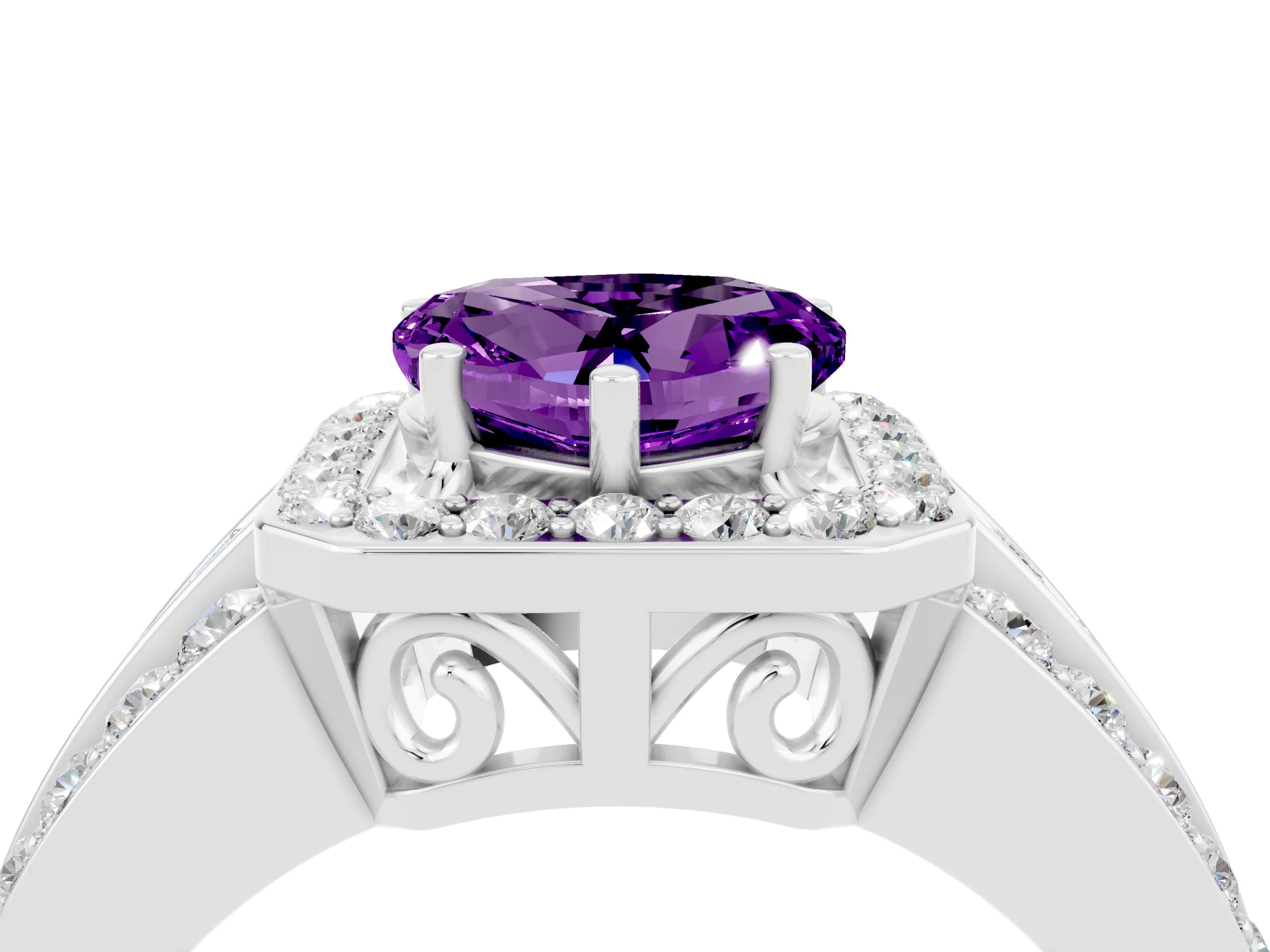 White gold Heart Cut Halo Amethyst Ring with Split Shank and Four-Prong Setting_4