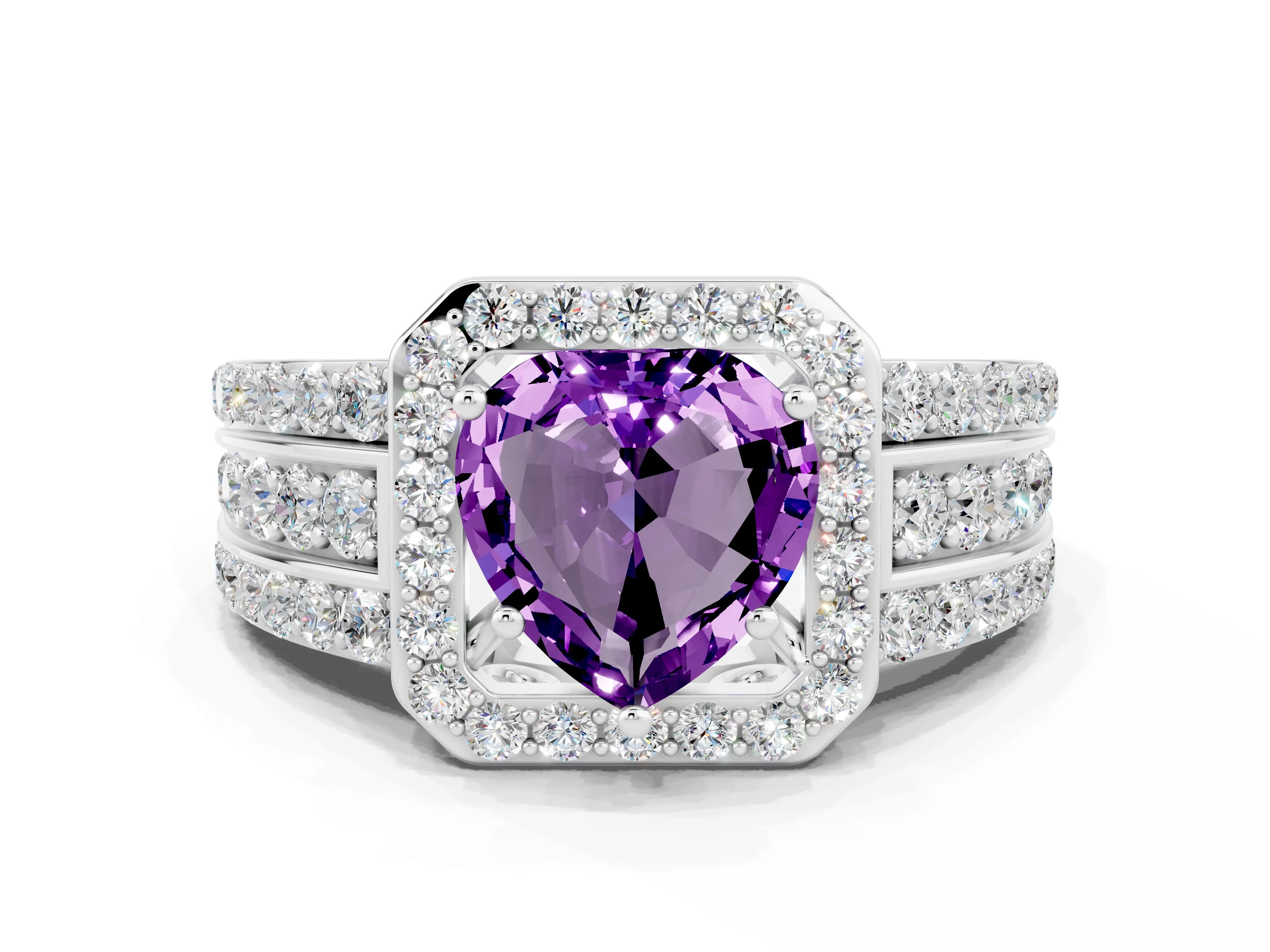 White gold Heart Cut Halo Amethyst Ring with Split Shank and Four-Prong Setting