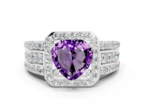 White gold Heart Cut Halo Amethyst Ring with Split Shank and Four-Prong Setting