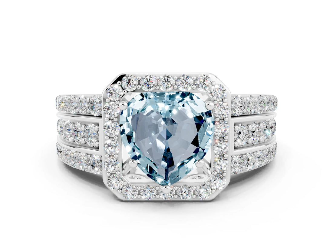 White gold Heart Cut Halo Aquamarine Ring with Split Shank and Four-Prong Setting