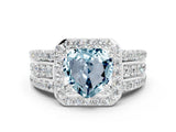 White gold Heart Cut Halo Aquamarine Ring with Split Shank and Four-Prong Setting