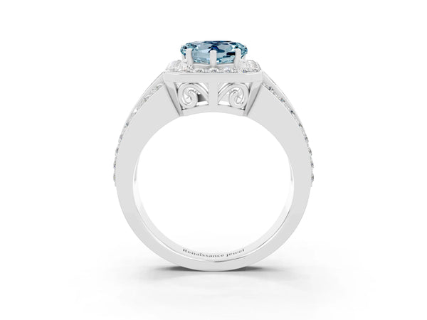 Platinum Heart Cut Halo Aquamarine Ring with Round  Split Shank and Prong Setting