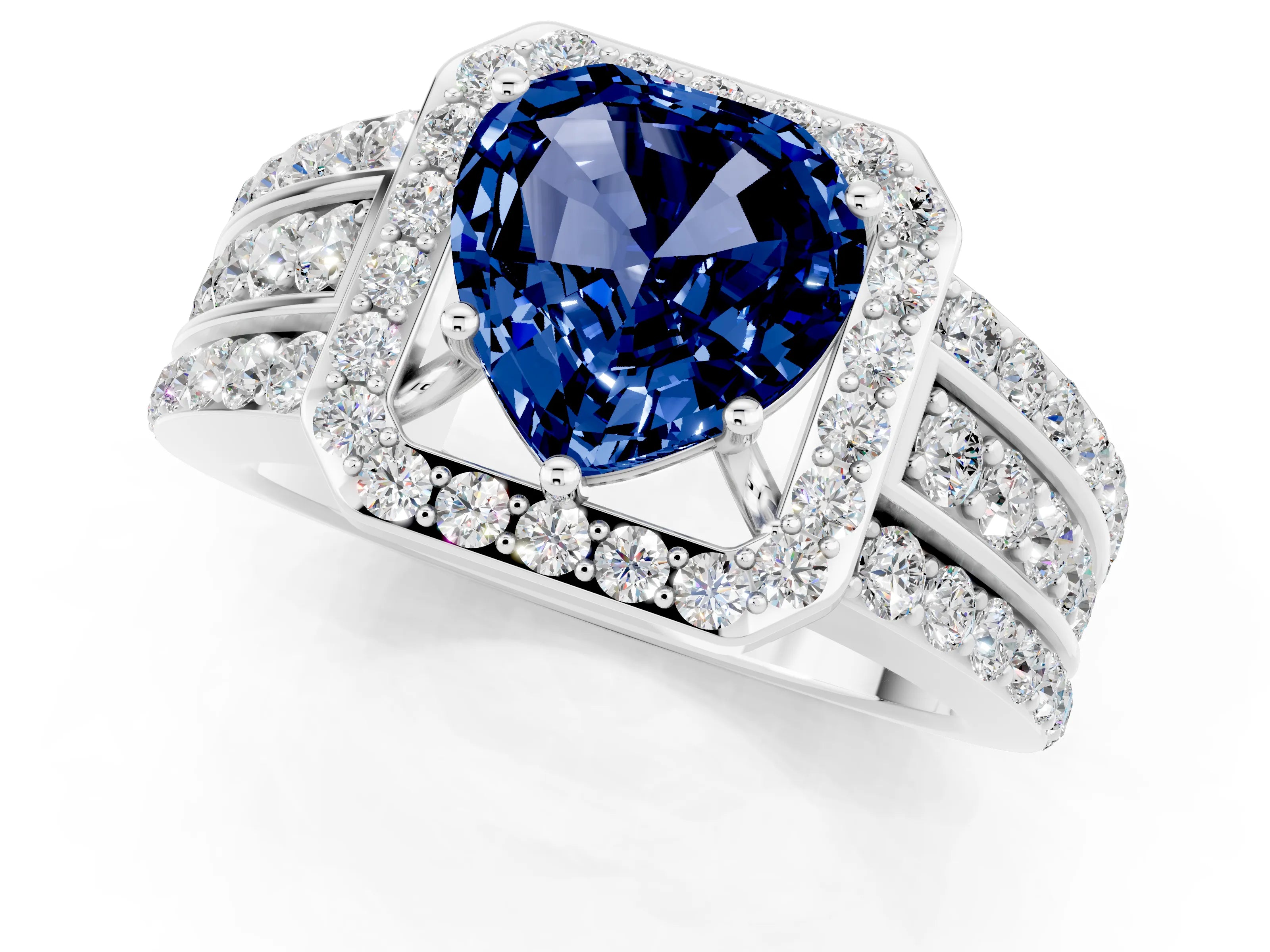 White gold Heart Cut Halo Blue Sapphire Ring with Split Shank and Four-Prong Setting_1