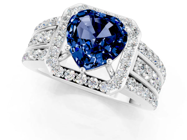 Silver Heart Cut Halo Blue Sapphire Ring with Round  Split Shank and Prong Setting