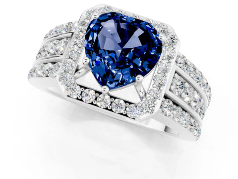 White gold Heart Cut Halo Blue Sapphire Ring with Split Shank and Four-Prong Setting_1