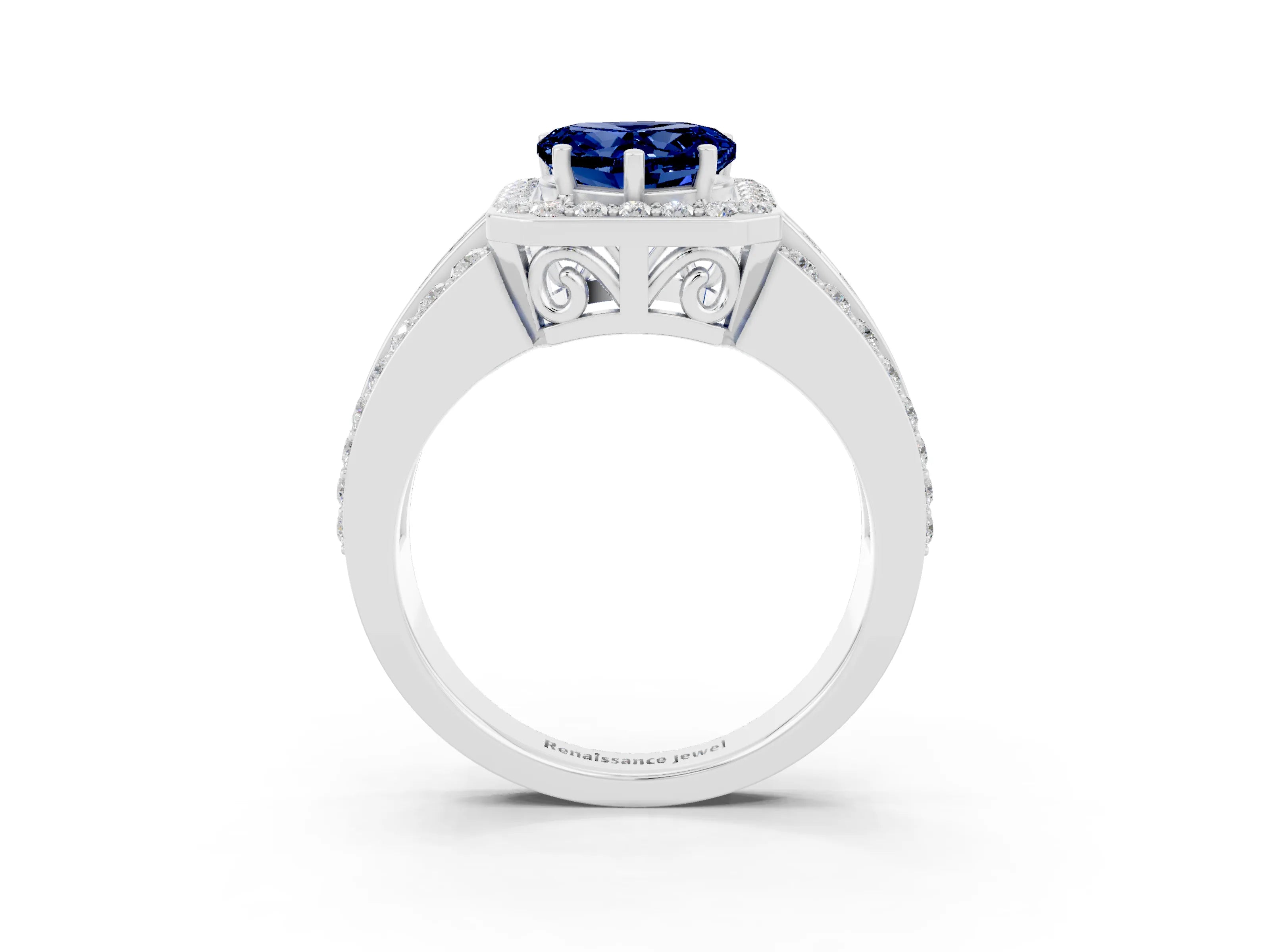 White gold Heart Cut Halo Blue Sapphire Ring with Split Shank and Four-Prong Setting_3