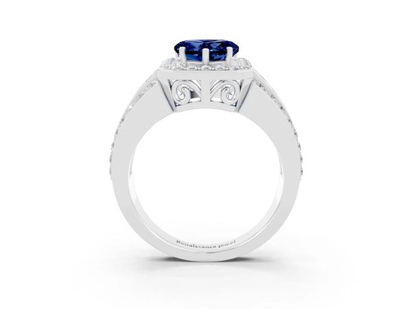 Platinum Heart Cut Halo Blue Sapphire Ring with Round  Split Shank and Prong Setting