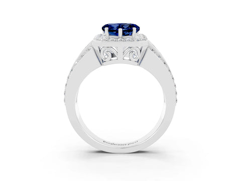 White gold Heart Cut Halo Blue Sapphire Ring with Split Shank and Four-Prong Setting_3