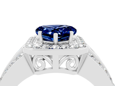 White gold Heart Cut Halo Blue Sapphire Ring with Split Shank and Four-Prong Setting_4