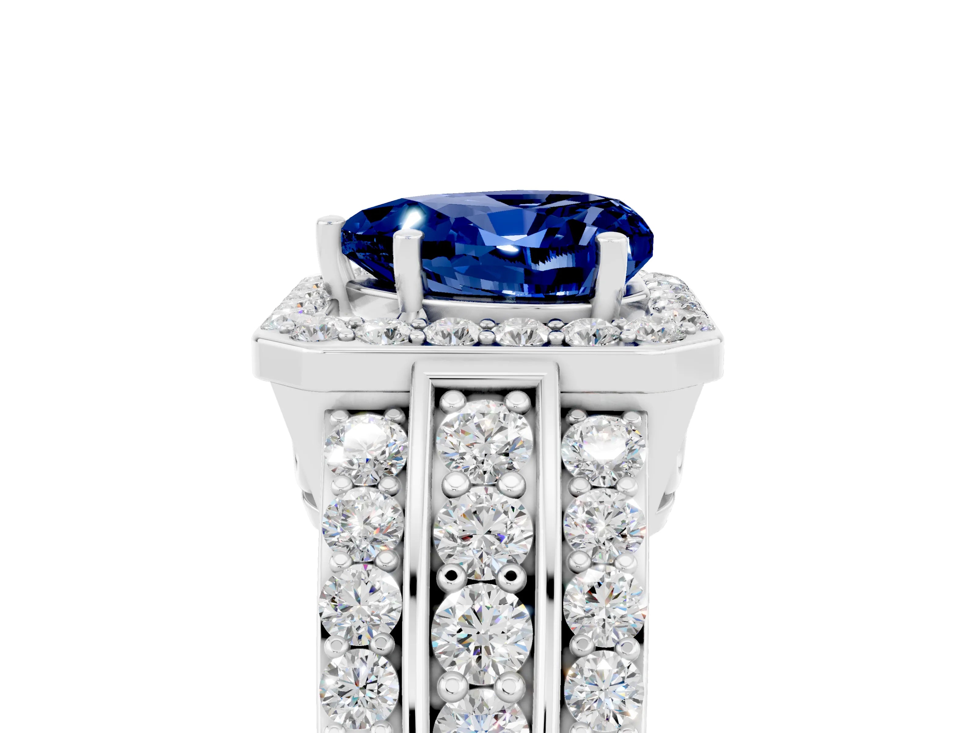White gold Heart Cut Halo Blue Sapphire Ring with Split Shank and Four-Prong Setting_5