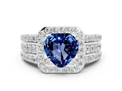 White gold Heart Cut Halo Blue Sapphire Ring with Split Shank and Four-Prong Setting