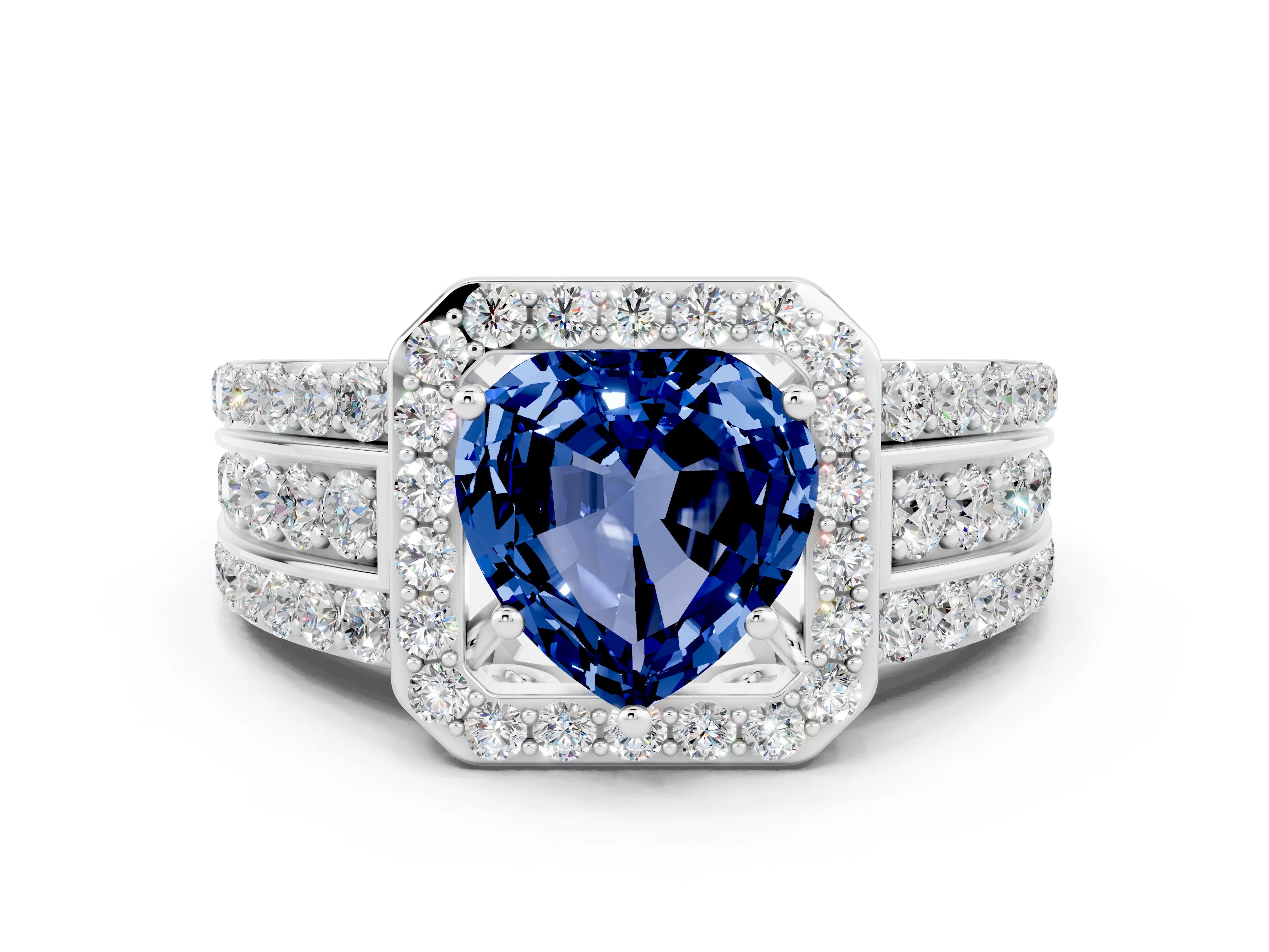 White gold Heart Cut Halo Blue Sapphire Ring with Split Shank and Four-Prong Setting