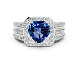 White gold Heart Cut Halo Blue Sapphire Ring with Split Shank and Four-Prong Setting