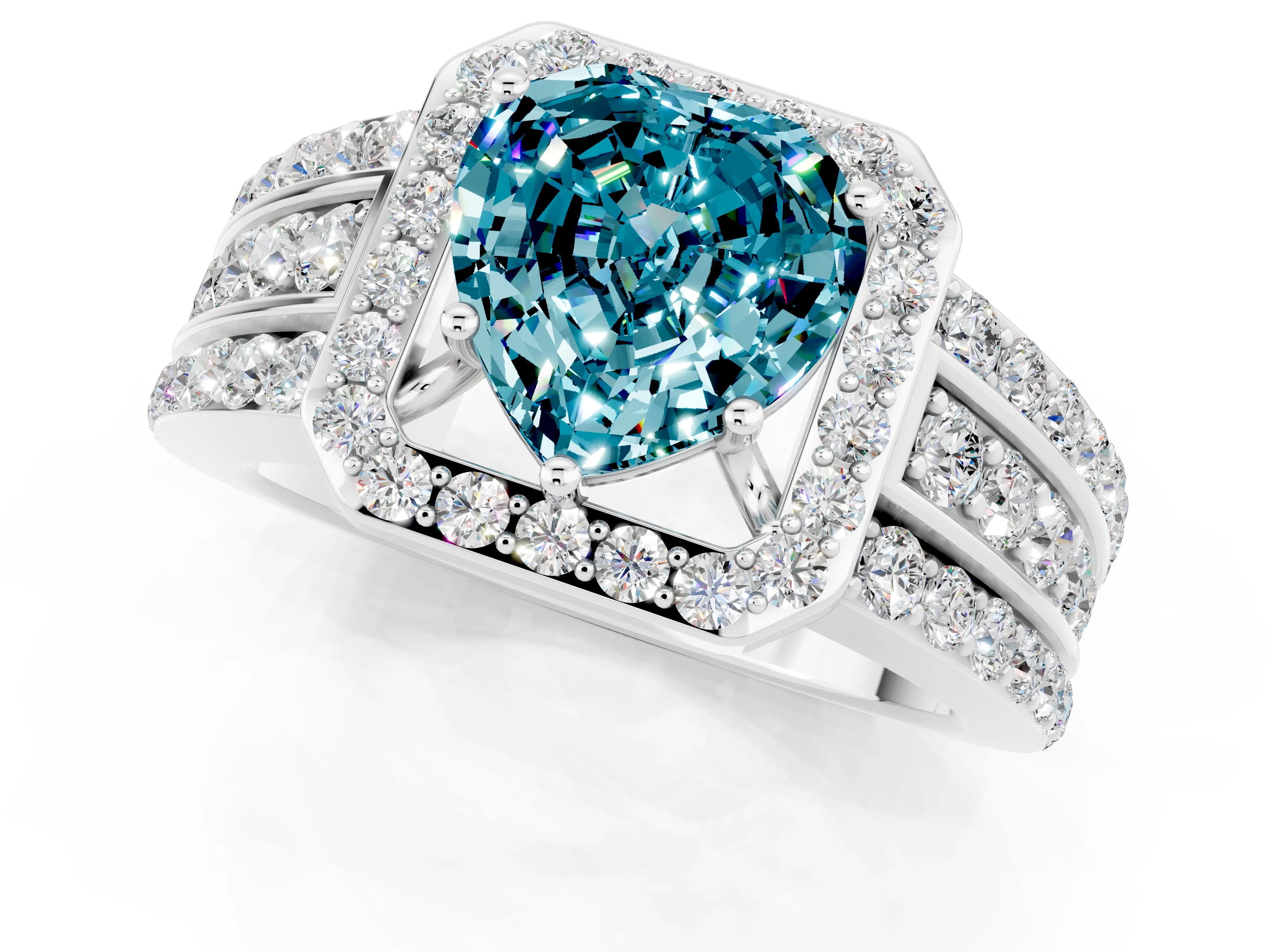White gold Heart Cut Halo Blue Topaz Ring with Split Shank and Four-Prong Setting_1