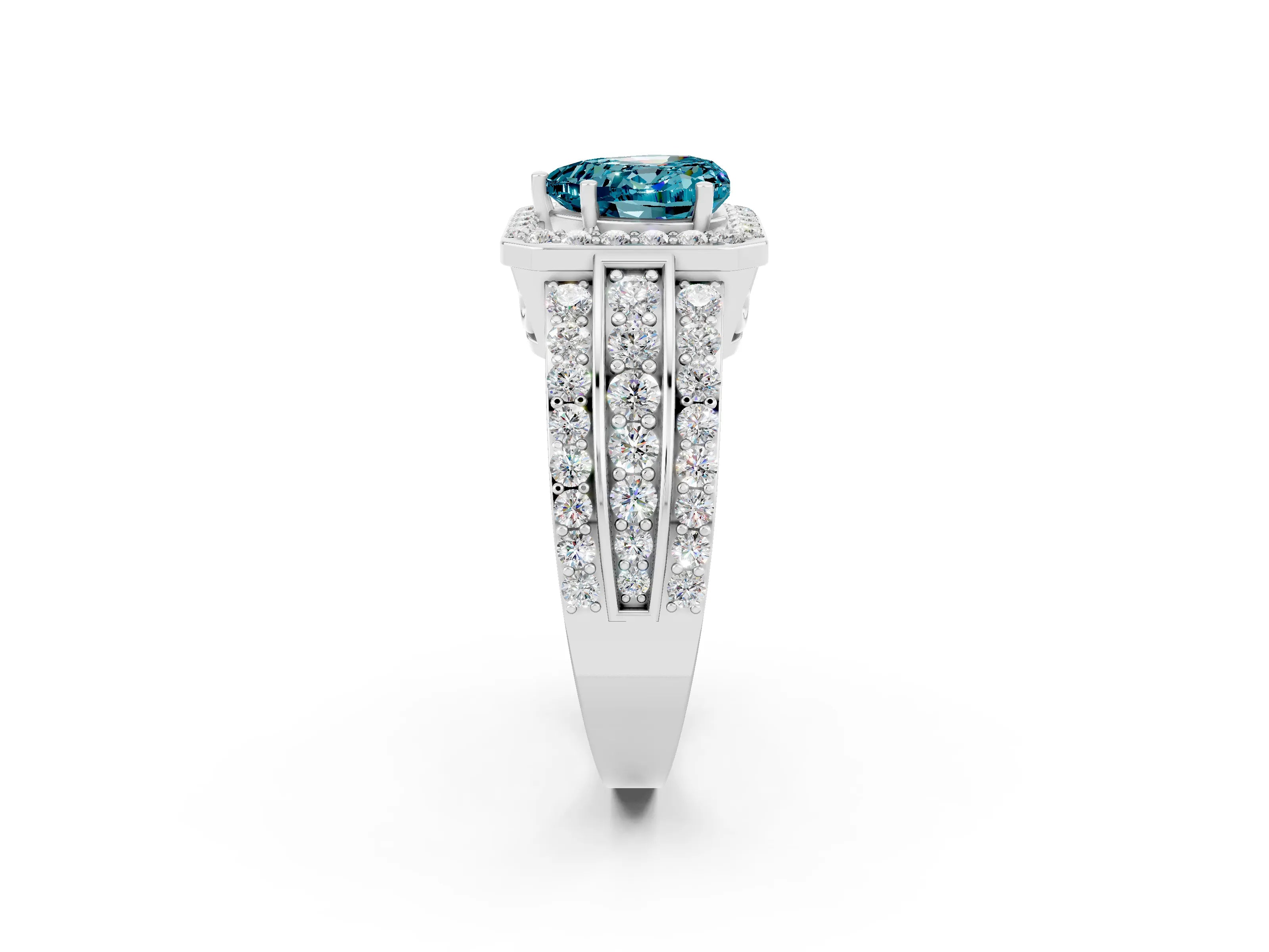White gold Heart Cut Halo Blue Topaz Ring with Split Shank and Four-Prong Setting_2