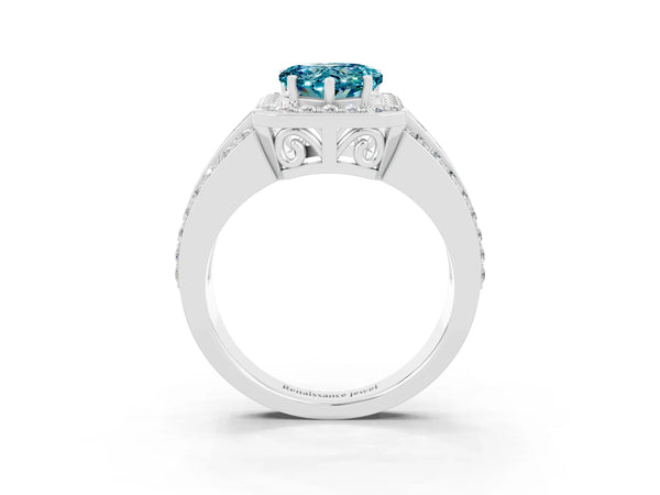 Platinum Heart Cut Halo Blue Topaz Ring with Round  Split Shank and Prong Setting