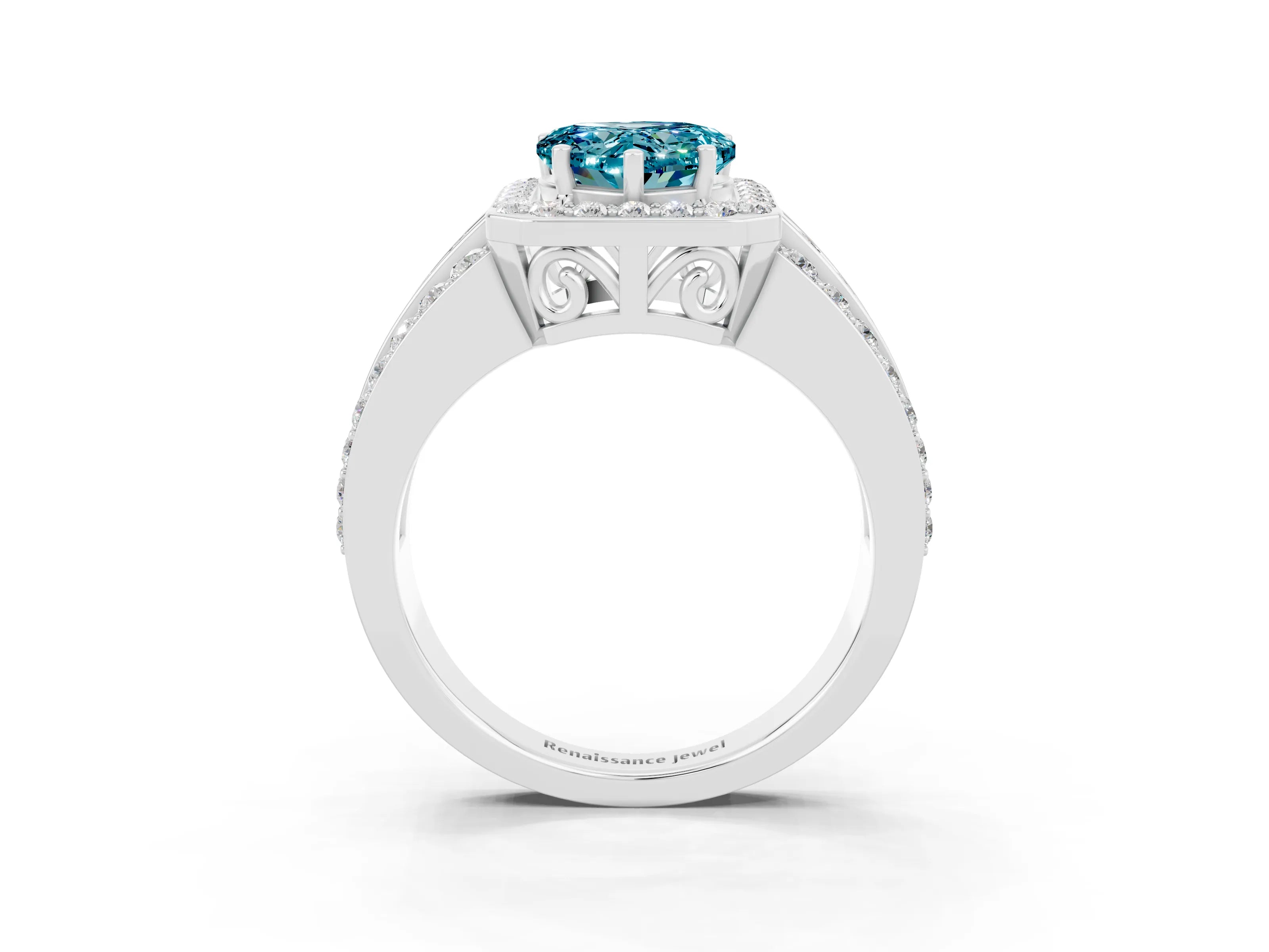 White gold Heart Cut Halo Blue Topaz Ring with Split Shank and Four-Prong Setting_3