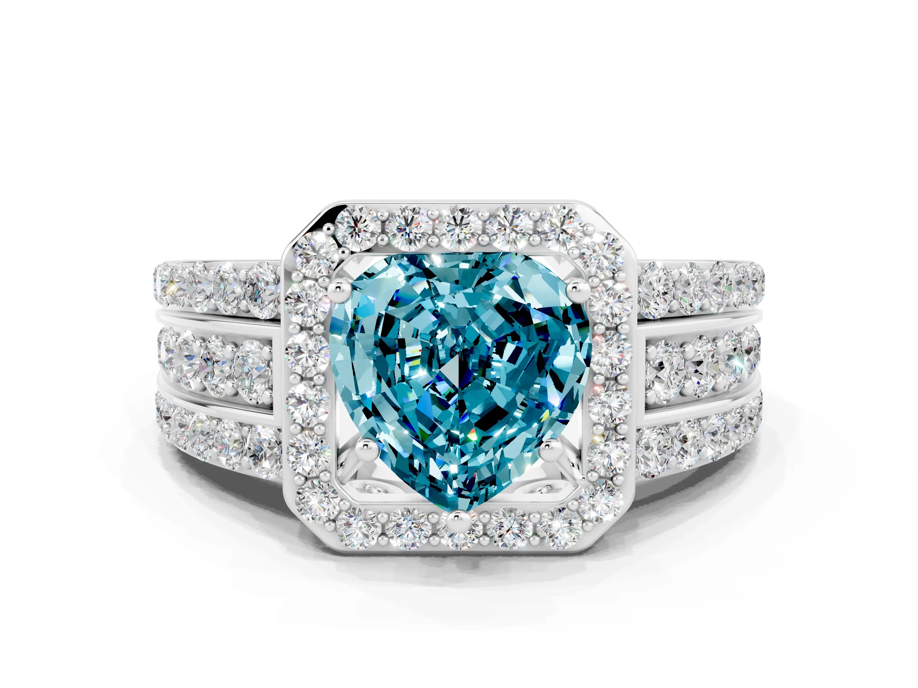 White gold Heart Cut Halo Blue Topaz Ring with Split Shank and Four-Prong Setting