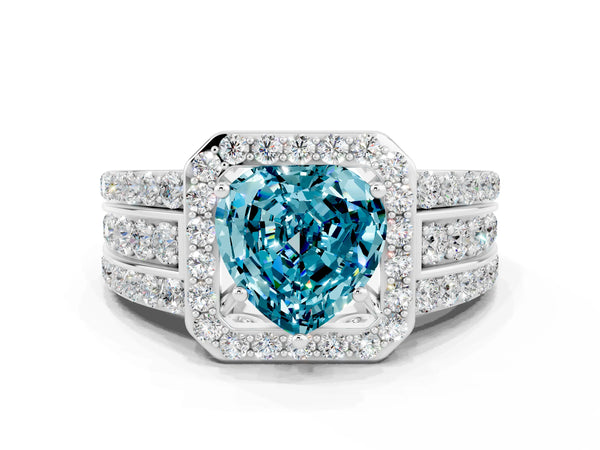 Silver Heart Cut Halo Blue Topaz Ring with Round  Split Shank and Prong Setting