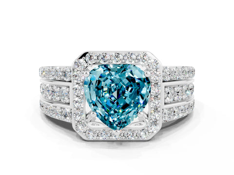 White gold Heart Cut Halo Blue Topaz Ring with Split Shank and Four-Prong Setting